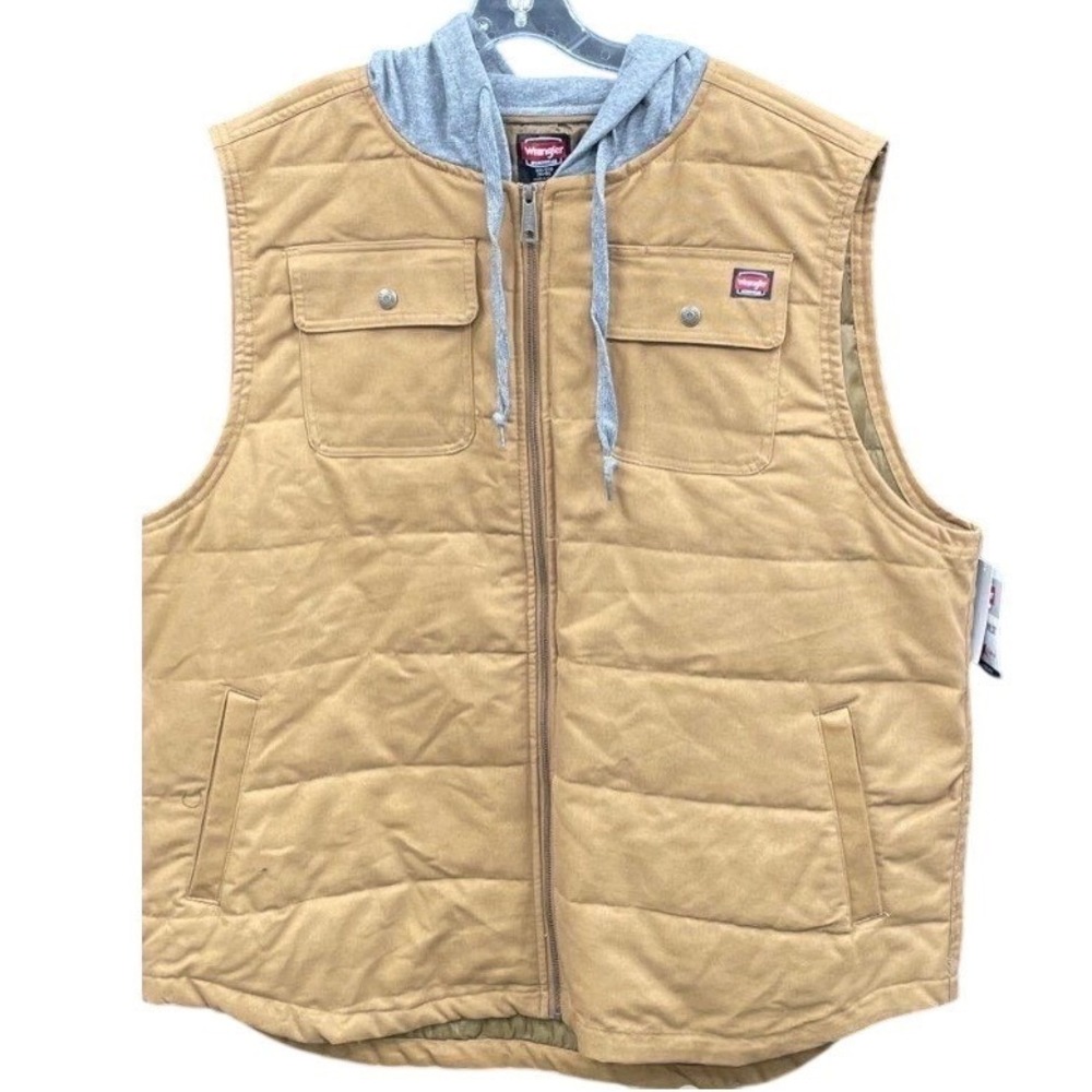 Wrangler Workwear Mens 3XL Tan Quilted Hooded Puffer Vest Full Zip Brown New‎